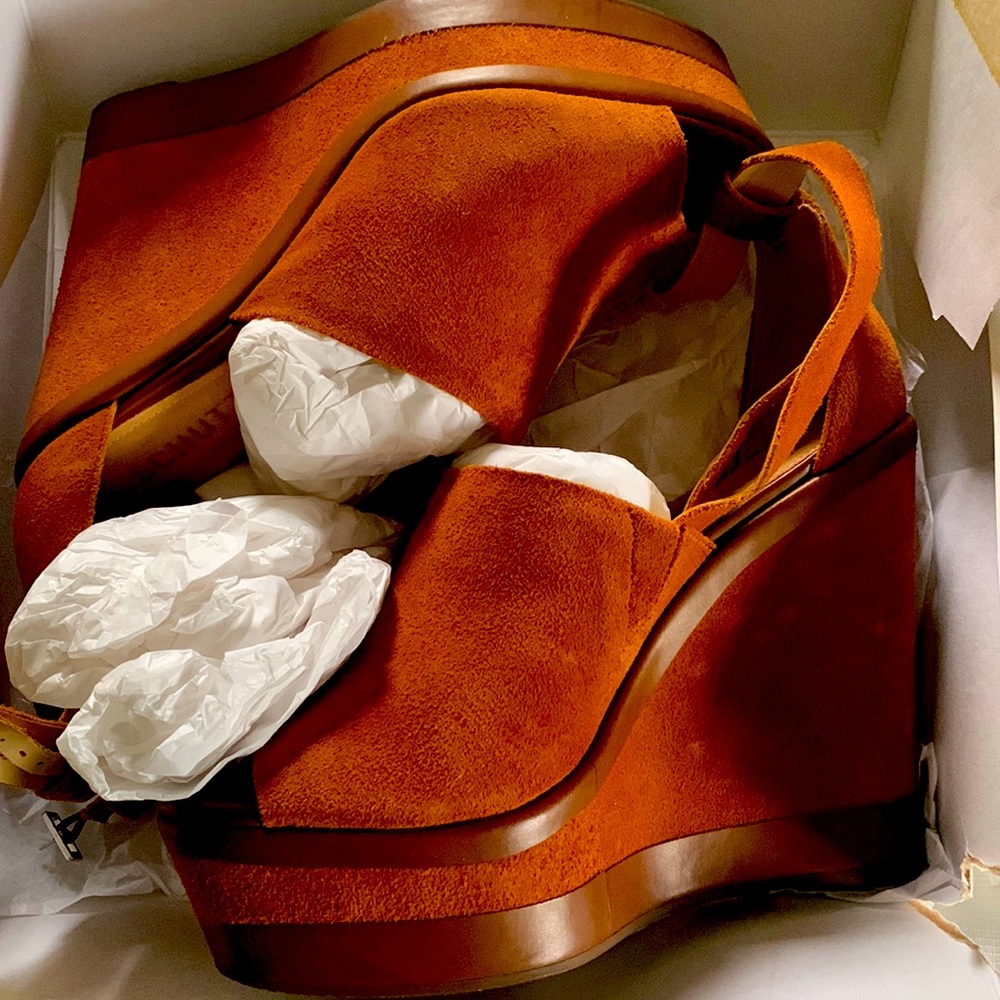 Beautiful pair wedges 4” wedge they were worn once. Suede material